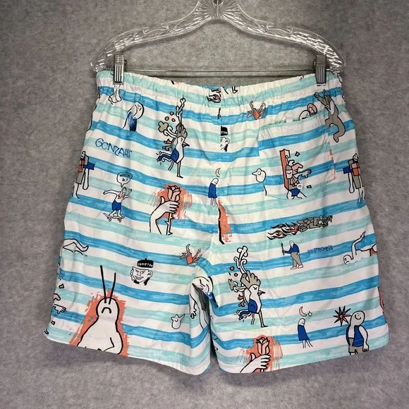 Adidas Swim Trunks Mens Large Blue Lined Gonz Skateboarding Mark Gonzales Art - Picture 10 of 10